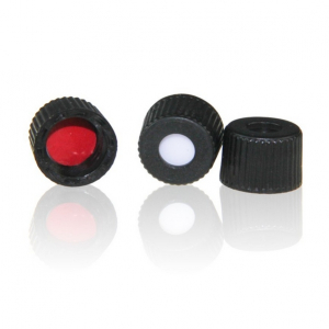 Black 8-425 Open Top Screw Cap with 8mm Red PTFE / White Silicone Septa 1.5mm Thick. 100 Stück/Packung, 30 Packungen/Karton