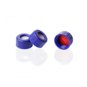 Blue 9-425 Open Top Ribbed Screw Cap with 9mm Red PTFE / White Silicone Septa 1mm Thick. 100 Stück/Packung, 20 Packungen/Karton