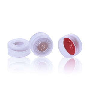 Clear 11 mm Open Top Snap Cap with Red PTFE / White Silicone Septa 1 mm Thick PRE-SLIT (snow shape). 100 Stück/Packung, 20 Packungen/Karton
