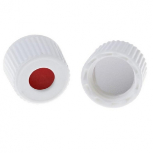 White 8-425 Open Top PP Cap with 8 mm White PTFE / Red Silicone Septa 1.5 mm Thick. 100 Stück/Packung, 30 Packungen/Karton