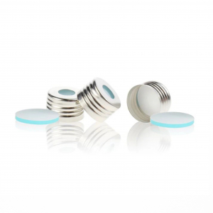 18mm Silver Color Open Top Metal Cap  (8mm hole) with 17.5mm Natural PTFE/Blue Transparent Silicone Septa 1.5mm Thick (UltraClean). 100pcs/pk., 5 Packungen/Karton