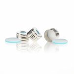 18mm Silver Color Open Top Metal Cap  (8mm hole) with 17.5mm Natural PTFE/Blue Transparent Silicone Septa 1.5mm Thick (UltraClean). 100pcs/pk., 5 Packungen/Karton