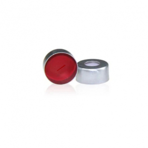 Silver 11 mm Open Top Crimp Cap with Red PTFE /  White Silicone Septa 1 mm Thick PRE-SLIT. 100 Stück/Packung, 20 Packungen/Karton
