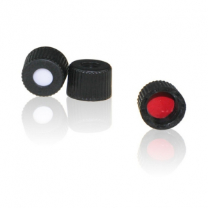 Black 8-425 Open Top Screw Cap with 8mm Red PTFE / White Silicone Septa 1.5mm Thick (UltraClean). 100 Stück/Packung, 20 Packungen/Karton