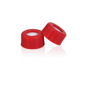 Red 9-425 Open Top Smooth Screw Cap with 9mm Red PTFE / White Silicone 1mm Thick (UltraClean). 100 Stück/Packung, 20 Packungen/Karton