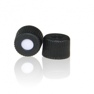 Black 8-425 Open Top Screw Cap with 8mm Blue PTFE / White Silicone Septa 1.5mm Thick (UltraClean). 100 Stück/Packung, 20 Packungen/Karton