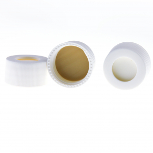 24-414 White Open Top PP Screw Cap with 22 mm Natural PTFE /  White Silicone 3.0 mm Thick Septa (EPA Quality). 100 Stück/Packung, 3 Packungen/Karton
