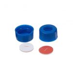 Blue 9-425 Open Top Ribbed Screw Cap Bonded with 9 mm Red PTFE / White Silicone Septa 1 mm Thick PRE-SLIT. 100 Stück/Packung, 20 Packungen/Karton