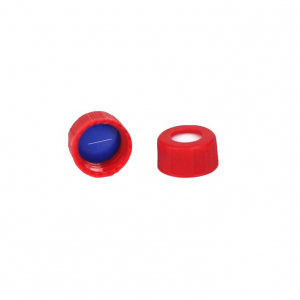 Red 9-425 Open Top Ribbed Screw Cap with 9 mm Blue PTFE / White Silicone Septa 1 mm Thick PRE-SLIT. 100 Stück/Packung, 20 Packungen/Karton