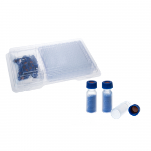 2 ml 9-425 Wide Opening PP Screw Vial with Graduations Transparent. Blue 9-425 Open Top Ribbed Screw Cap with 9 mm Septa Polyimide / Red Silicone 1 mm Thick. Kit Packing. 100 Stück/Packung, 10 Packungen/Karton