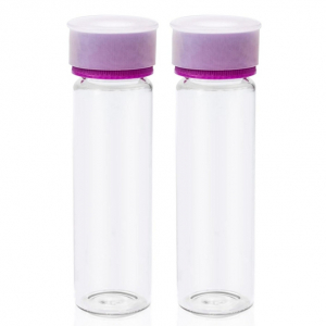 Pre-cleaned and certified (<10 ppb TOC) 40 mL 27.5 x 95mm clear glass vial 24-414 Purple Open Top PP Screw Cap Bonded with 22mm Natural PTFE / White Silicone 1.5mm thick Septa and Dust Cover. Vial + Cap + Septa are pre-assembled together. 72 Stück/Packung, 5 Packungen/Karton