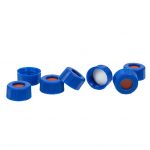 Blauer 9-425-Schraubverschluss mit offener Oberseite und glattem Verschluss, 9 mm Durchmesser, weißes PTFE-Septum / rotes Silikonseptum, 1 mm dick. 100 Stück/Packung, 30,00 Packungen/Karton