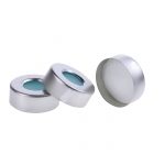 20-mm-Aluminium-Crimpkappe mit offener Oberseite (10-mm-Loch) und 20-mm-Septum aus weißem PTFE/blauem Silikon, 3 mm dick (UltraClean). 100 Stück/Packung, 5,00 Packungen/Karton