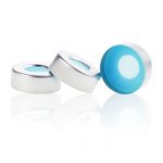 20-mm-Aluminium-Crimpkappe mit offener Oberseite (10-mm-Loch) und 20-mm-Septum aus naturfarbenem PTFE/blauem, transparentem Silikon (3 mm dick, UltraClean). 100 Stück/Packung, 5,00 Packungen/Karton