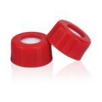 Roter 9-425-Schraubverschluss mit offener Oberseite und glatter Oberfläche, 9 mm roter PTFE-Dichtung / 1 mm dickes weißes Silikon (UltraClean). 100 Stück/Packung, 15,00 Packungen/Karton