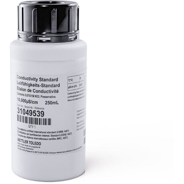 METTLER TOLEDO Cond. Std. 10'000 µS/cm 250mL Der LeitfähigkeitsStandard für 10.000 µS/cm ist auf zertifizierte internationale Standards gemäss SRM NIST rückverfolgbar. | Art.-Nr.: 31049539 1 31049539